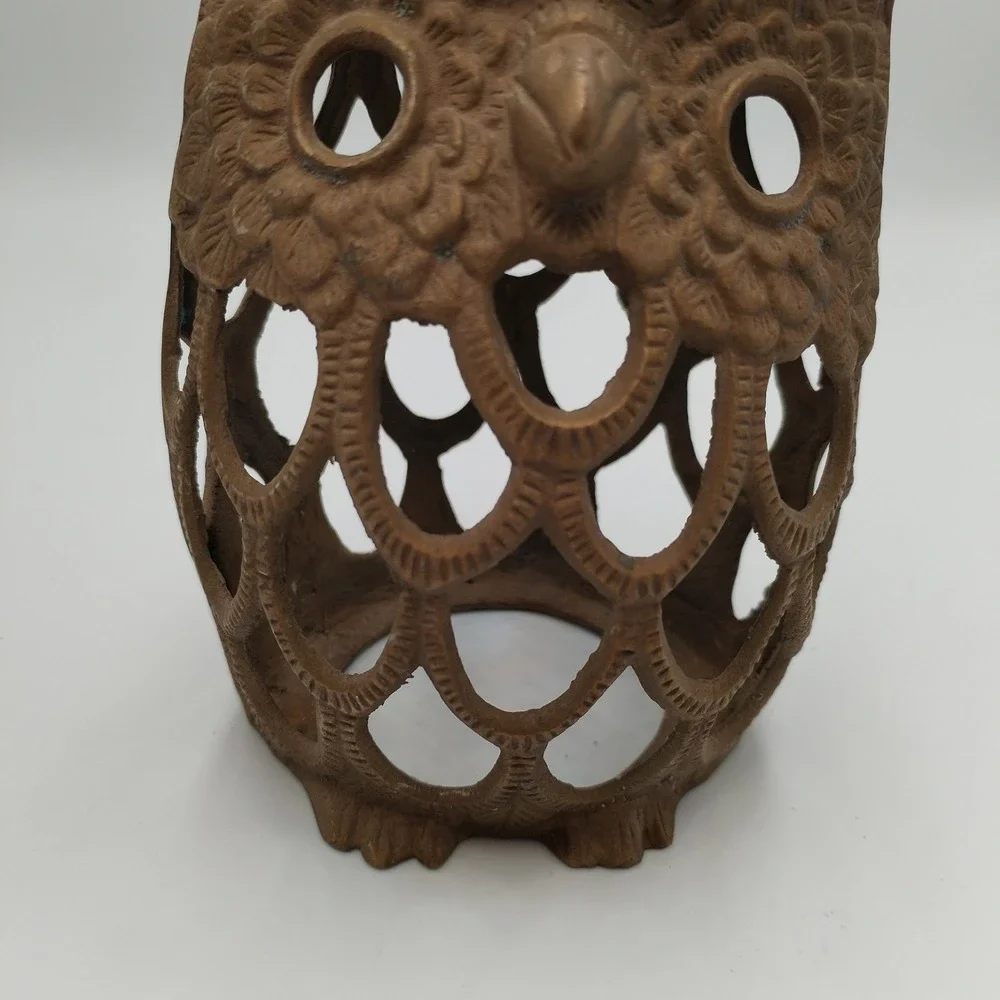 Vintage Solid Brass Owl Lantern Candle Holder Pierced Cutout Korea 70s